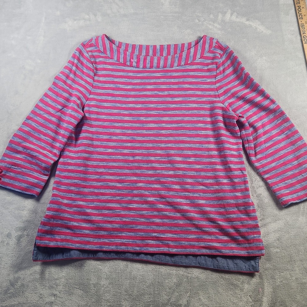 Talbots Women's Boat Neck 3/4 Sleeve Top Pink Blue Knit Pullover Size L Petite